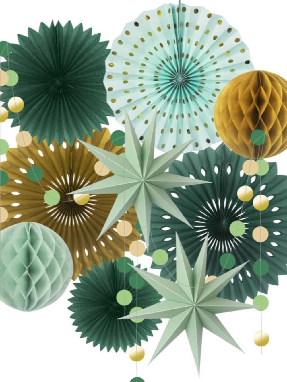 10-Piece Sage Green Gold Party Decorations, Hanging Paper Fans